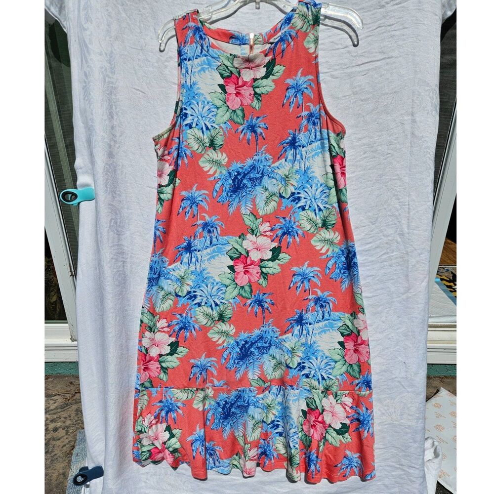 Tommy Bahama Large Coral Blue Floral Summer Midi Dress Vacation Beach Cruise